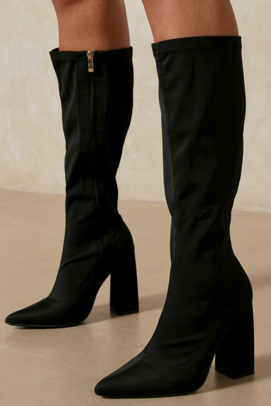 Black Stretch Knee High Heeled Boots image number 1