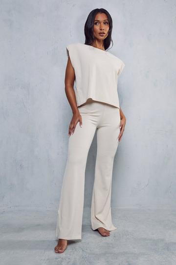 Ribbed Boxy Side Split Top & Flare Trouser Lounge Set stone