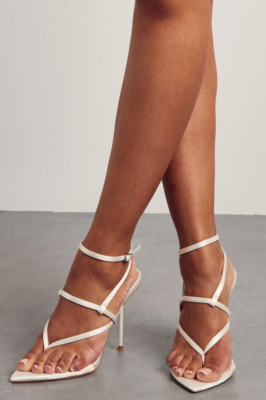 Ivory Satin Pointed Strappy High Heels image number 1