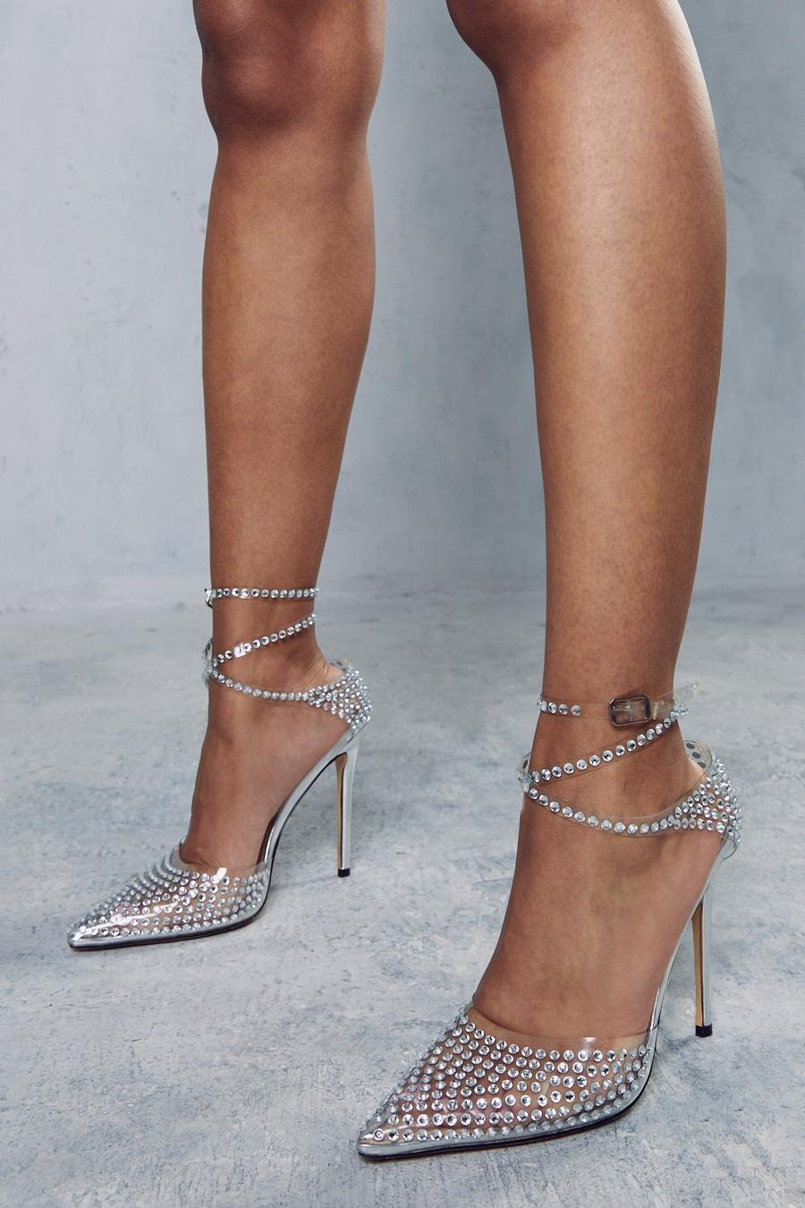 Silver Diamante Pointed High Heels image number 1