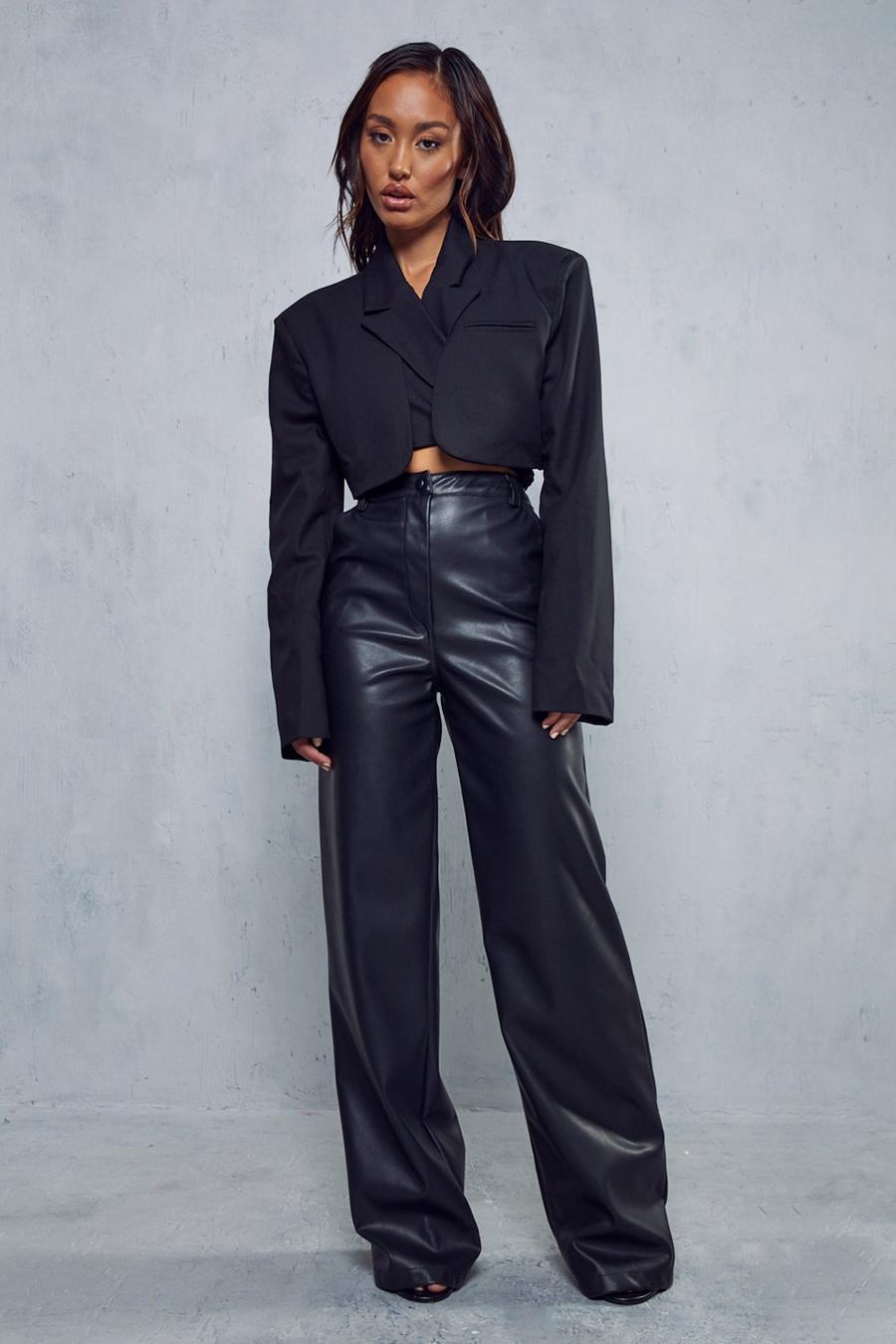 Black Premium Leather Look Wide Leg Trousers image number 1