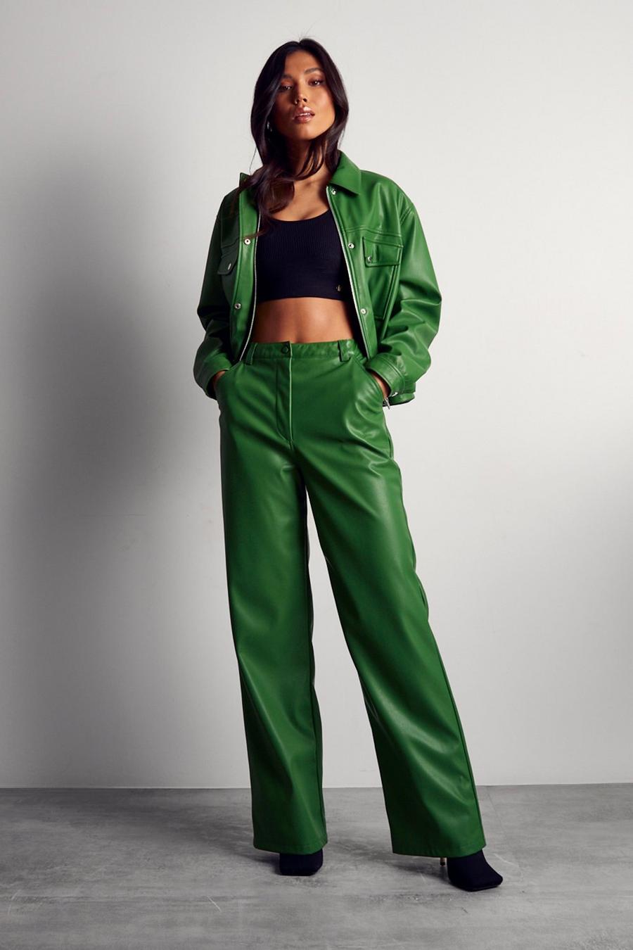 Green Premium Leather Look Wide Leg Trousers image number 1