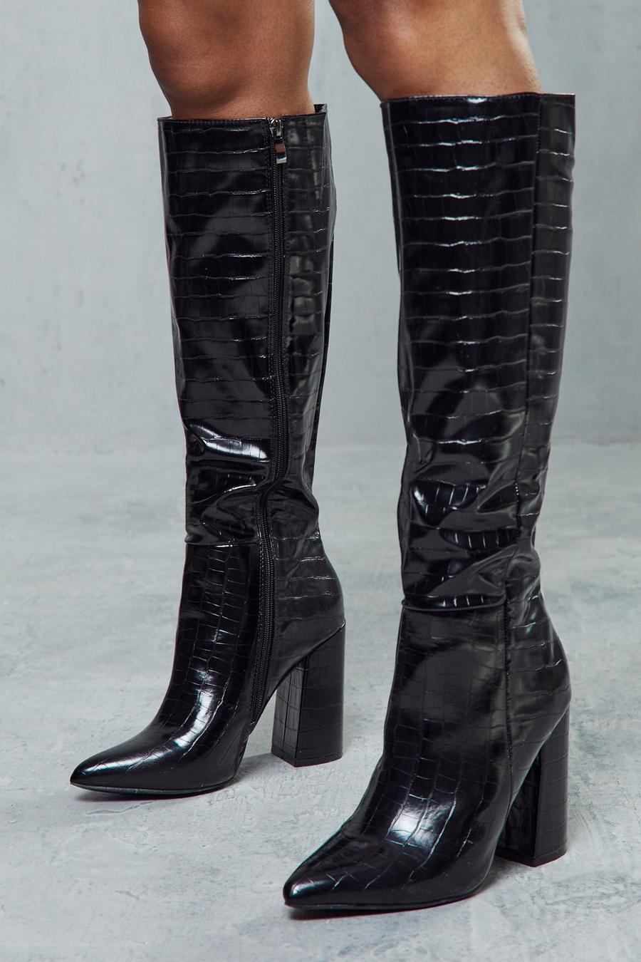 Black Croc Knee High Heeled Boots
