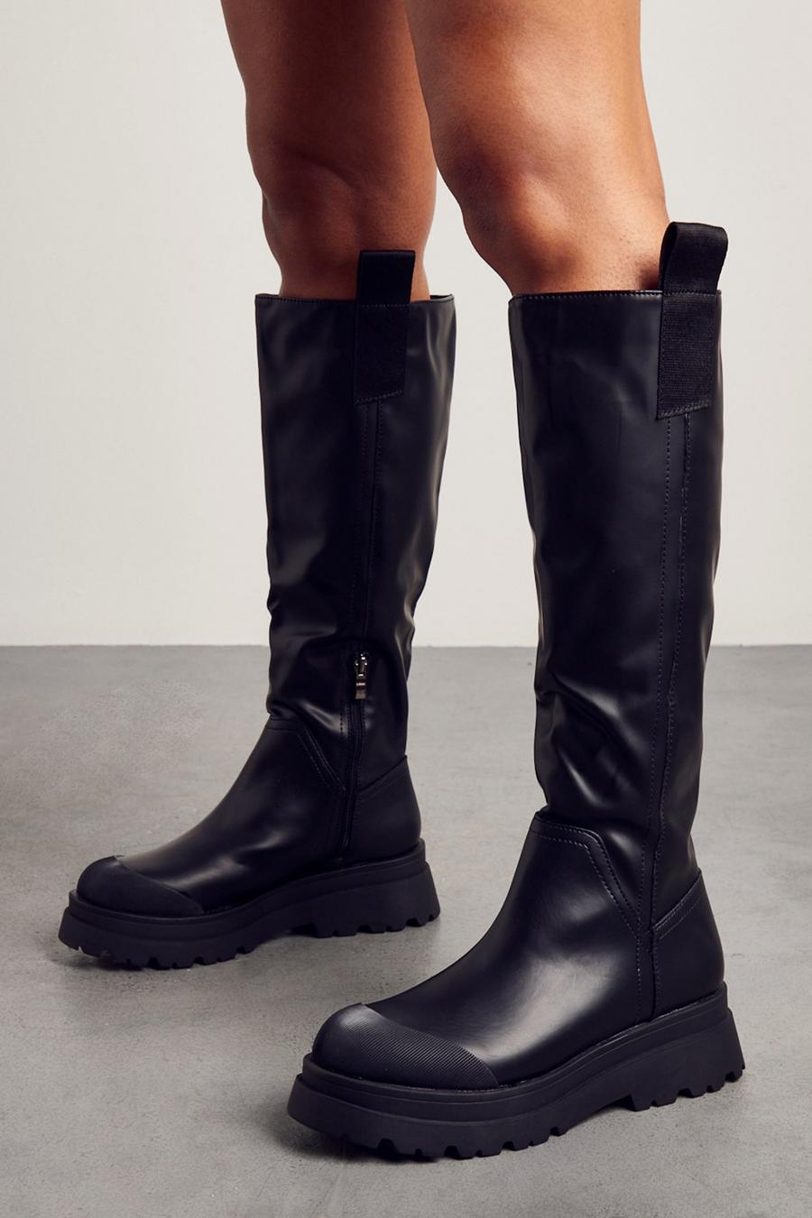 Black Chunky Knee High Wellie Boots image number 1