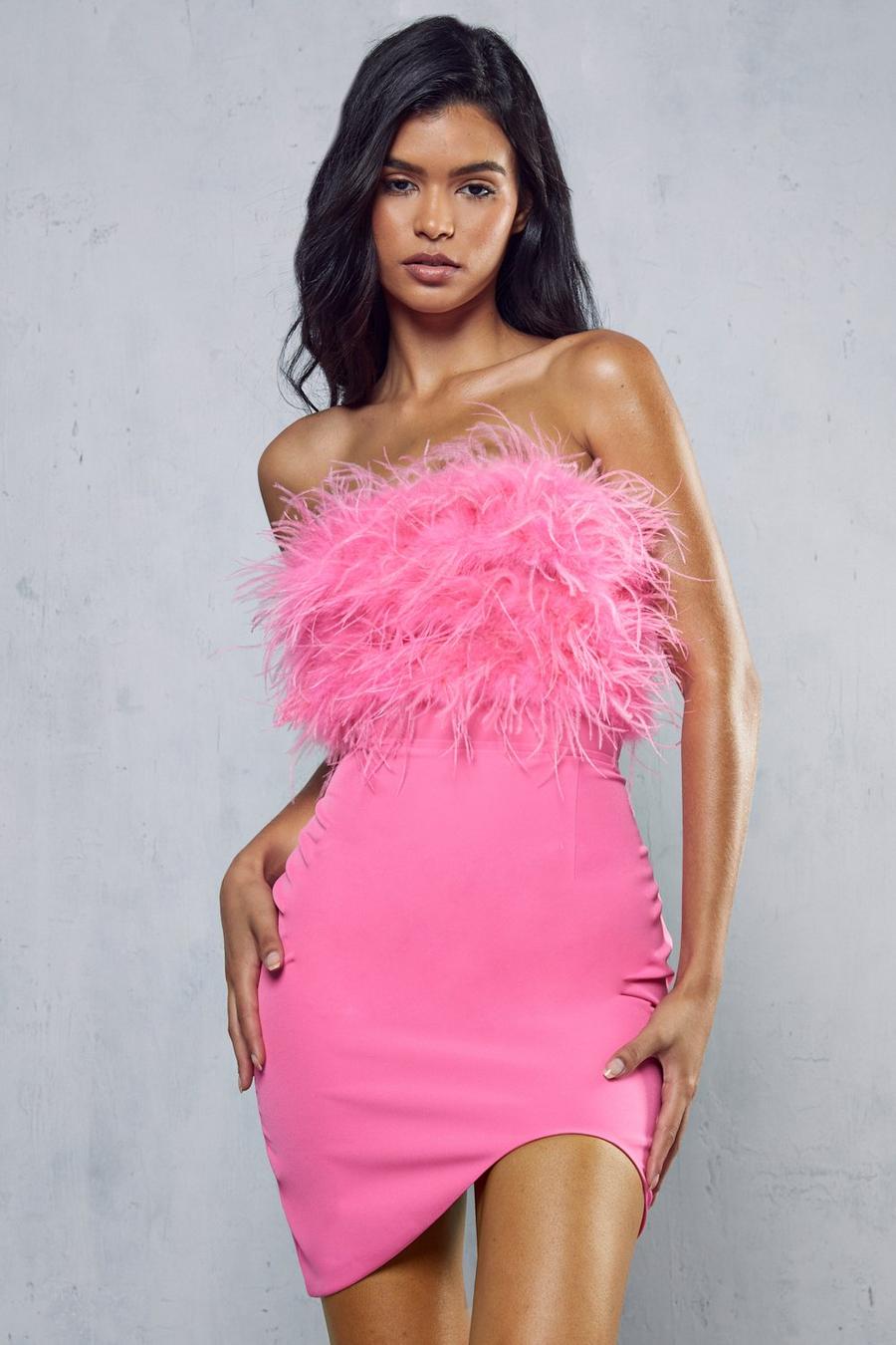 Pink Curved Hem Feather Mini Dress image number 1