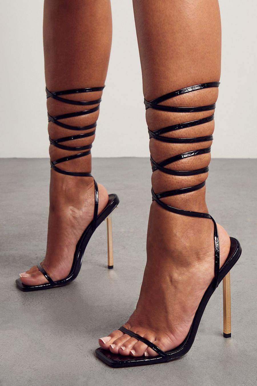 Black Lace Up Super Strappy Heels