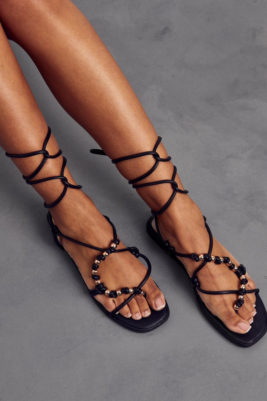 Black Bead Detail Strappy Sandals image number 1