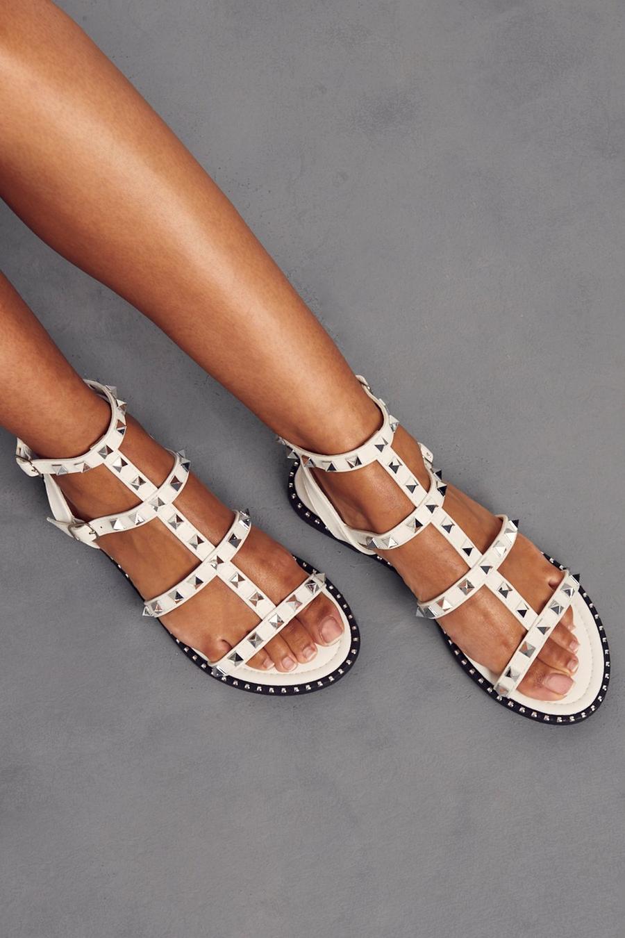 White Studded Caged Sandals image number 1