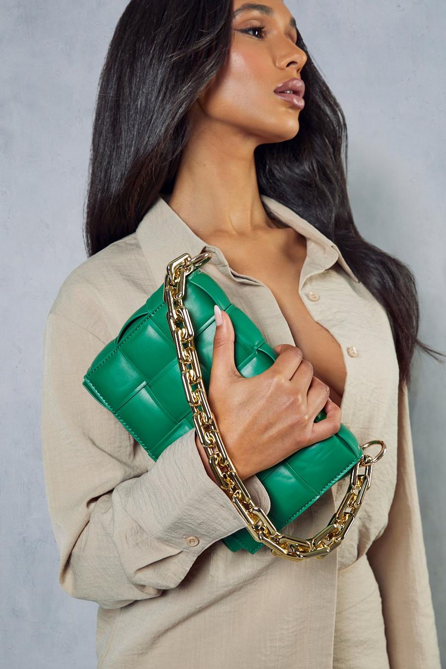 Green Leather Look Woven Chain Shoulder Bag image number 1
