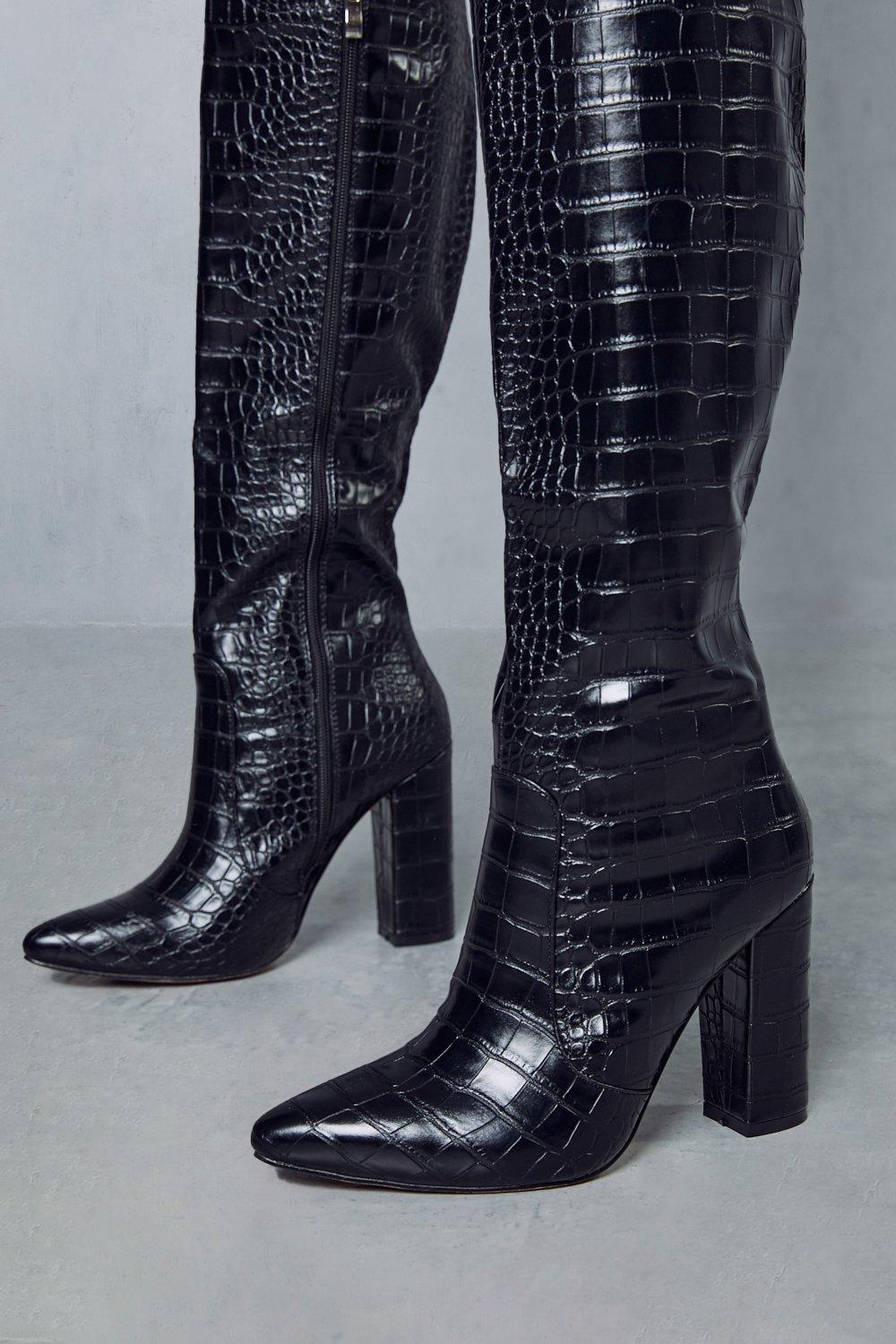 Croc embossed best sale knee high boots