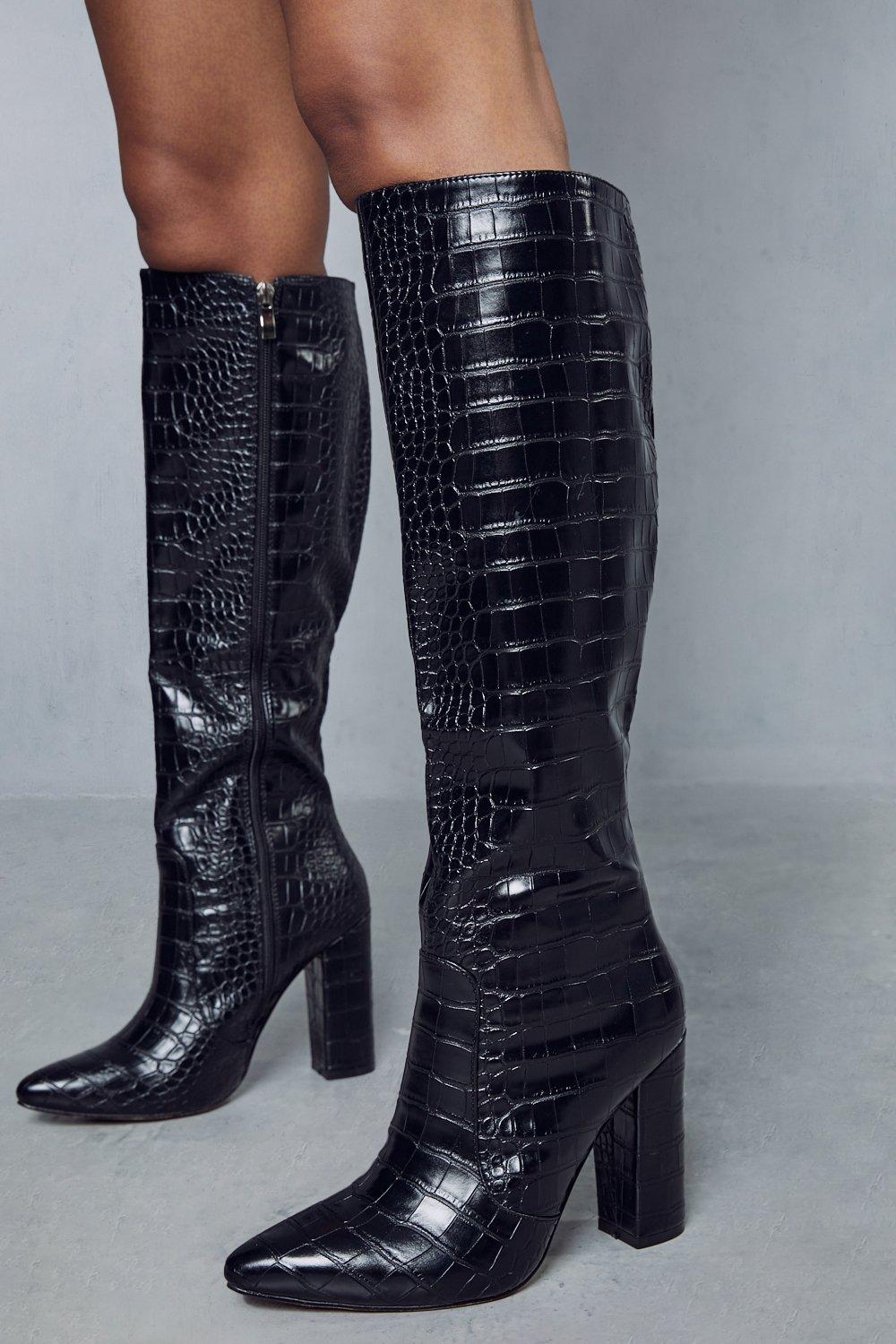 Black knee high store heeled boots uk