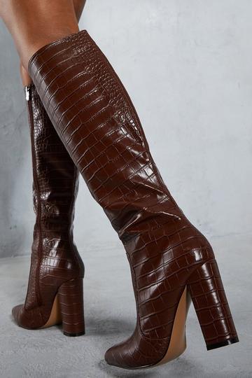 Croc Knee High Heeled Boots chocolate