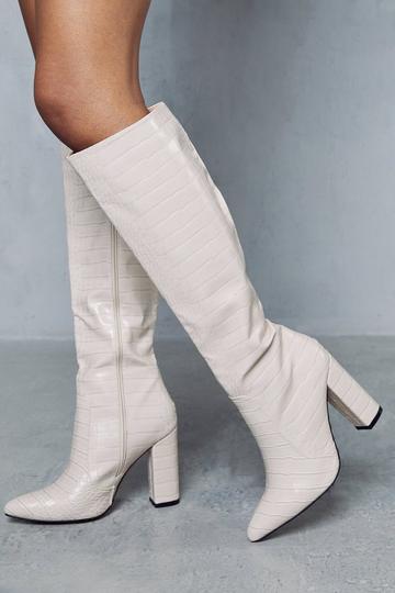 Croc Knee High Heeled Boots nude