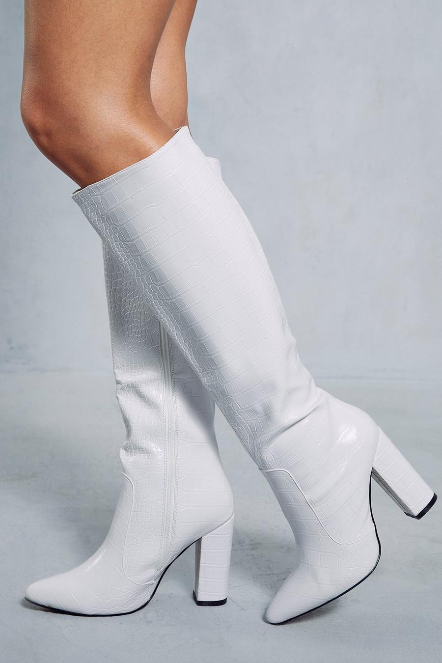 White Croc Knee High Heeled Boots image number 1