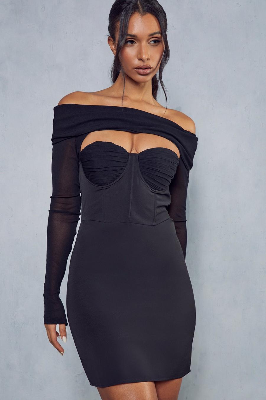 Black Premium Mesh Corset Overlay Mini Dress image number 1