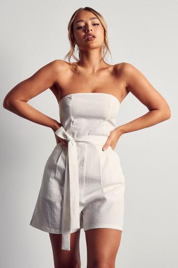 White Linen Look Bandeau Pocket Detail Playsuit