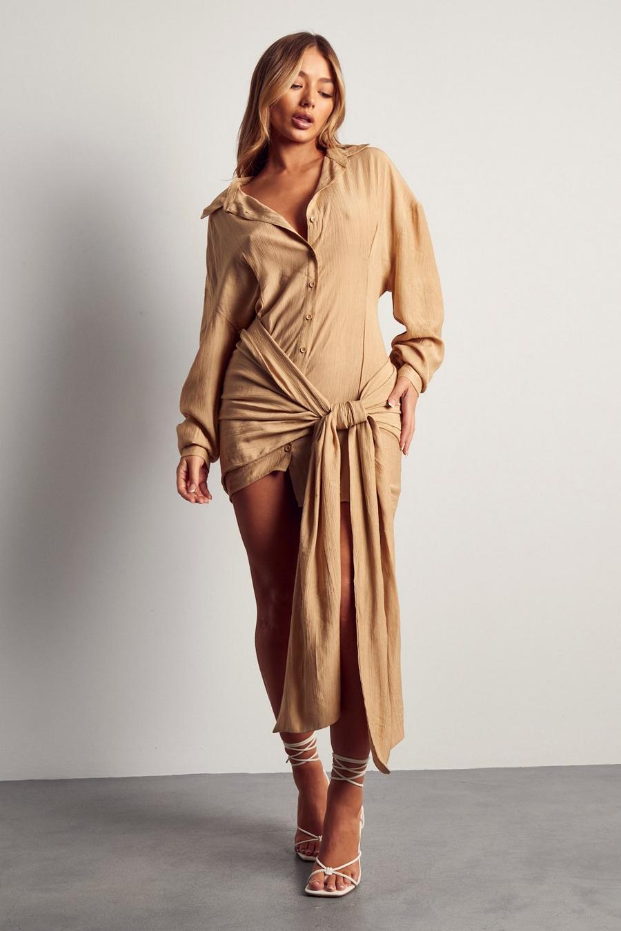 Camel Textured Linen Look Wrap Oversized Shirt Dress