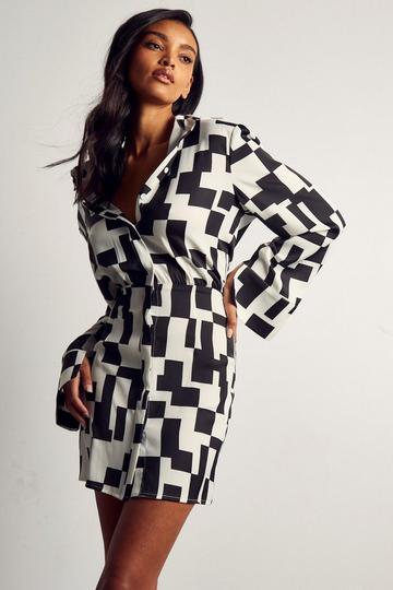 Monochrome Abstract Button Through Shirt Dress black