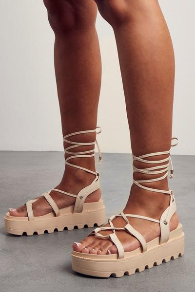 MissPap cream Lace Up Strappy Platform Sandals