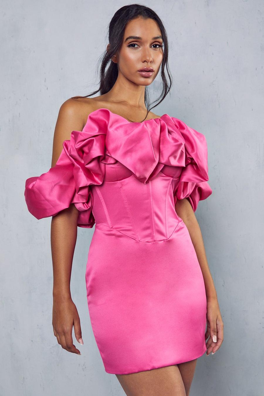 Pink Misse Premium Corset Puff Bardot Dress image number 1