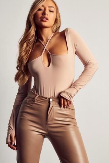 Stone Beige Double Layer Strappy Cross Front Bodysuit