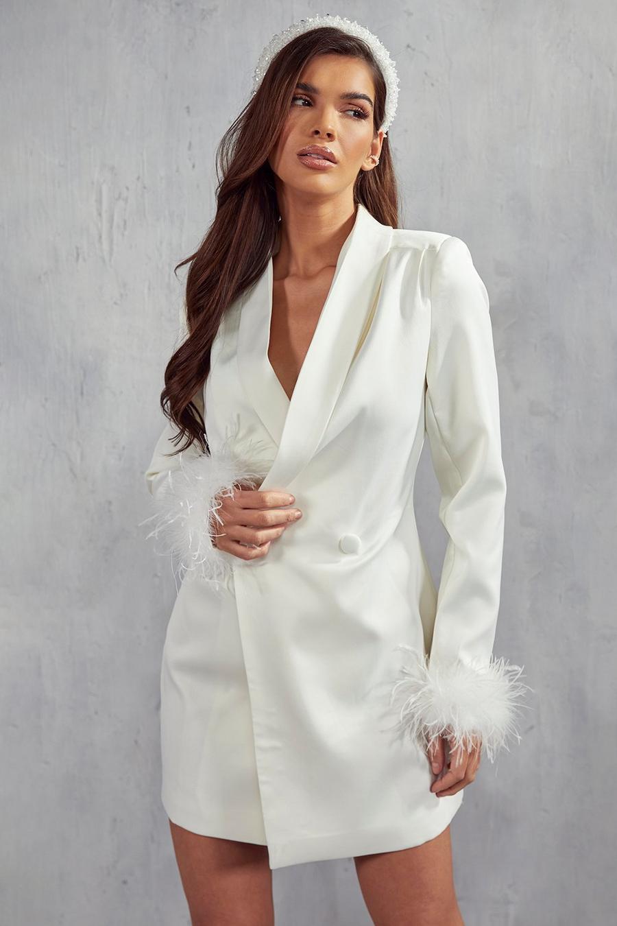 Ivory white Marie Premium Satin Feather Trim Blazer Dress
