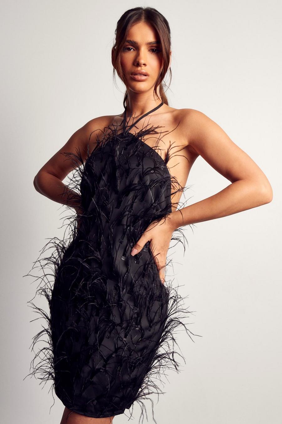 Black Millie Premium Feather Detail Mini Dress