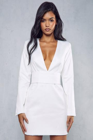 Premium Tailored Plunge Belted Waist Dress ivory