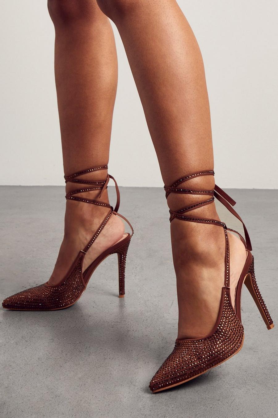 Chocolate brown Diamante Embellished Strappy High Heels 