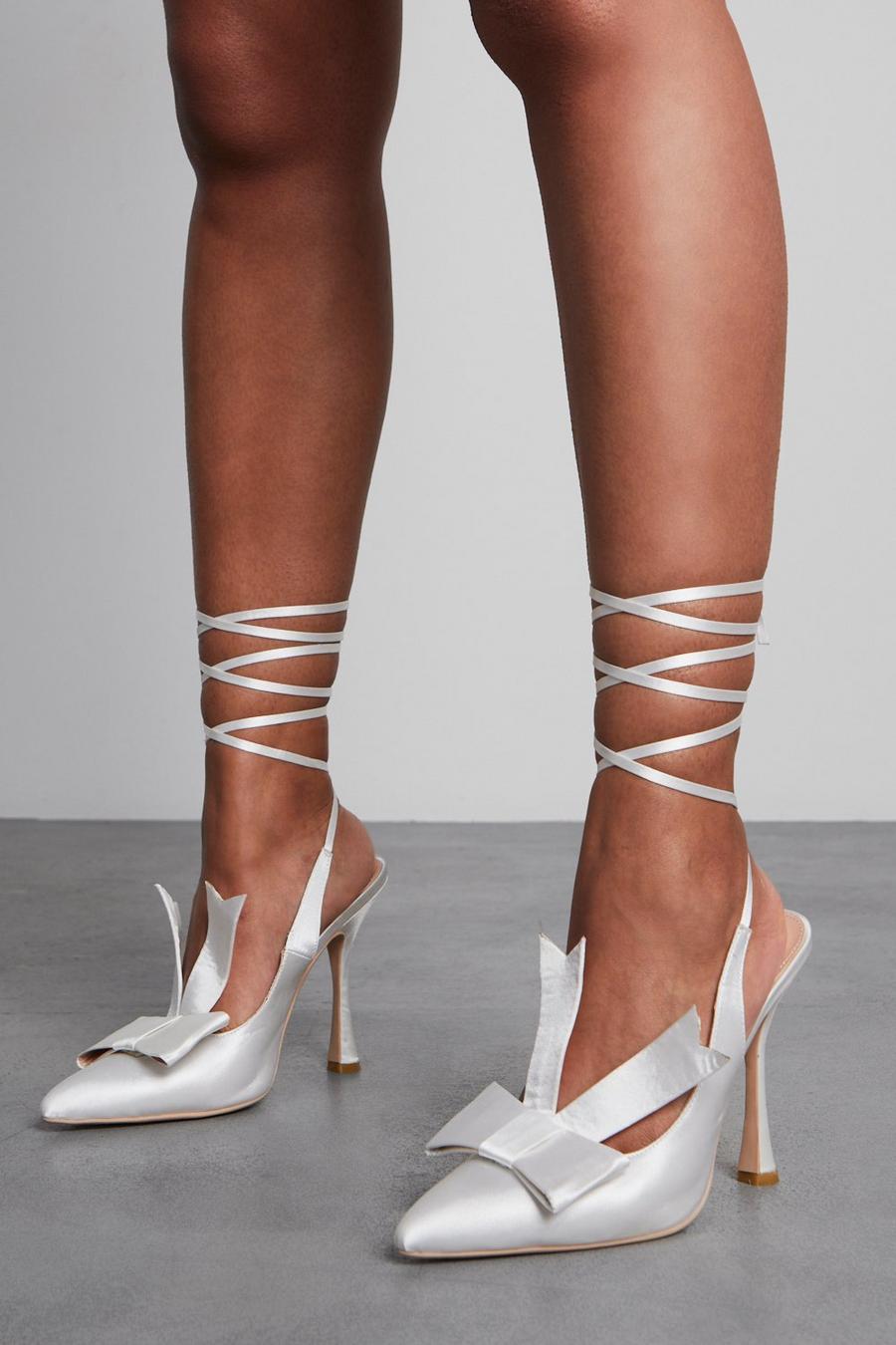 Ivory Bow Detail Strappy Lace Up Heels image number 1
