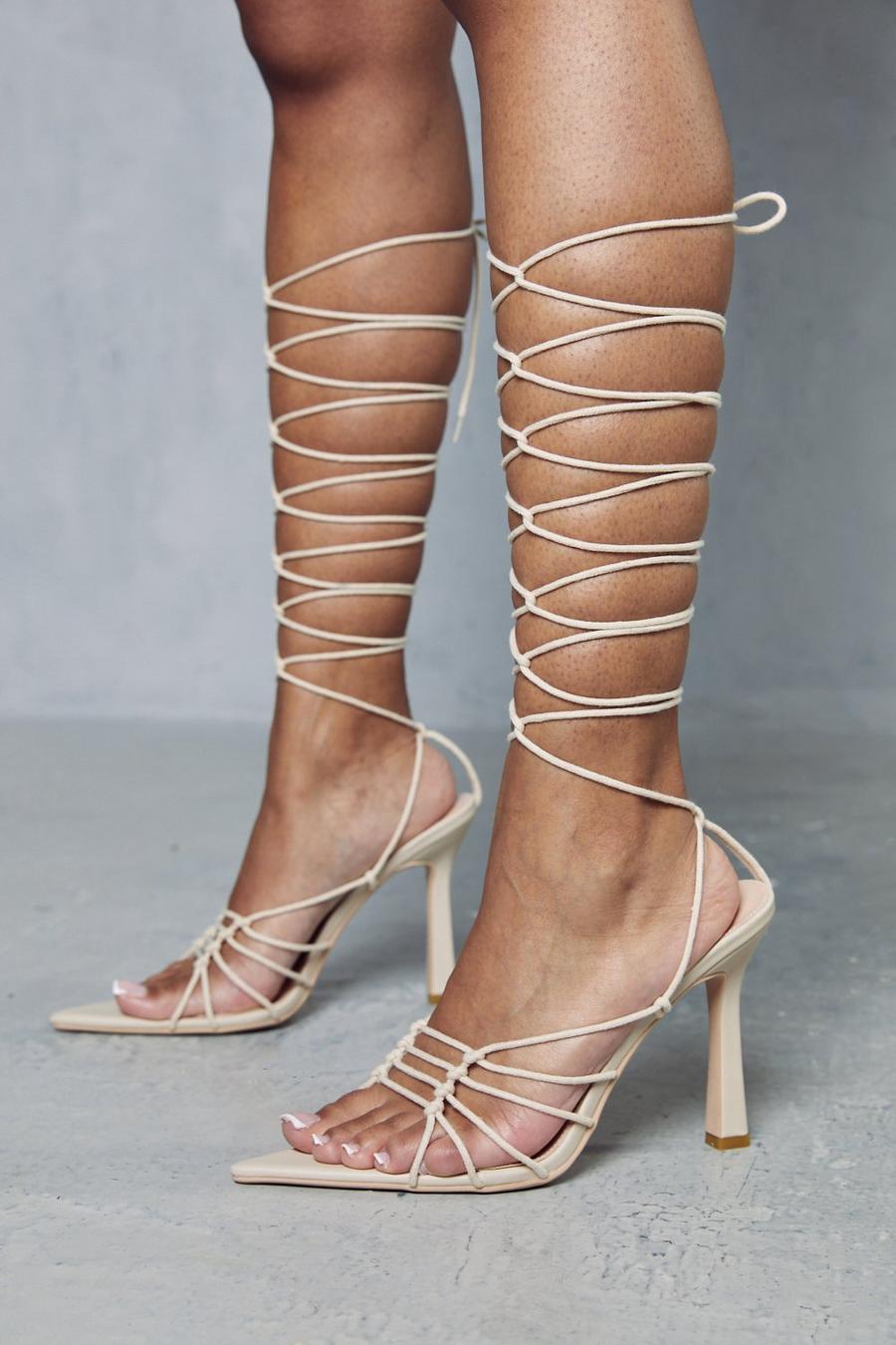 Nude Woven Strappy Lace Up Heels 