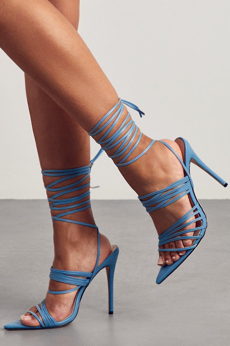 Blue Super Strappy Lace Up Pointed Heels  image number 1