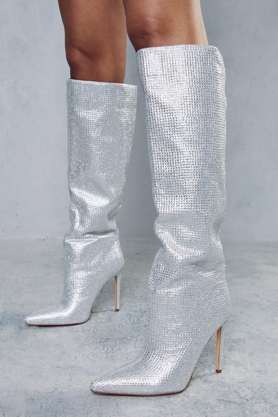 Silver Premium Diamante Heeled Knee High Boots image number 1