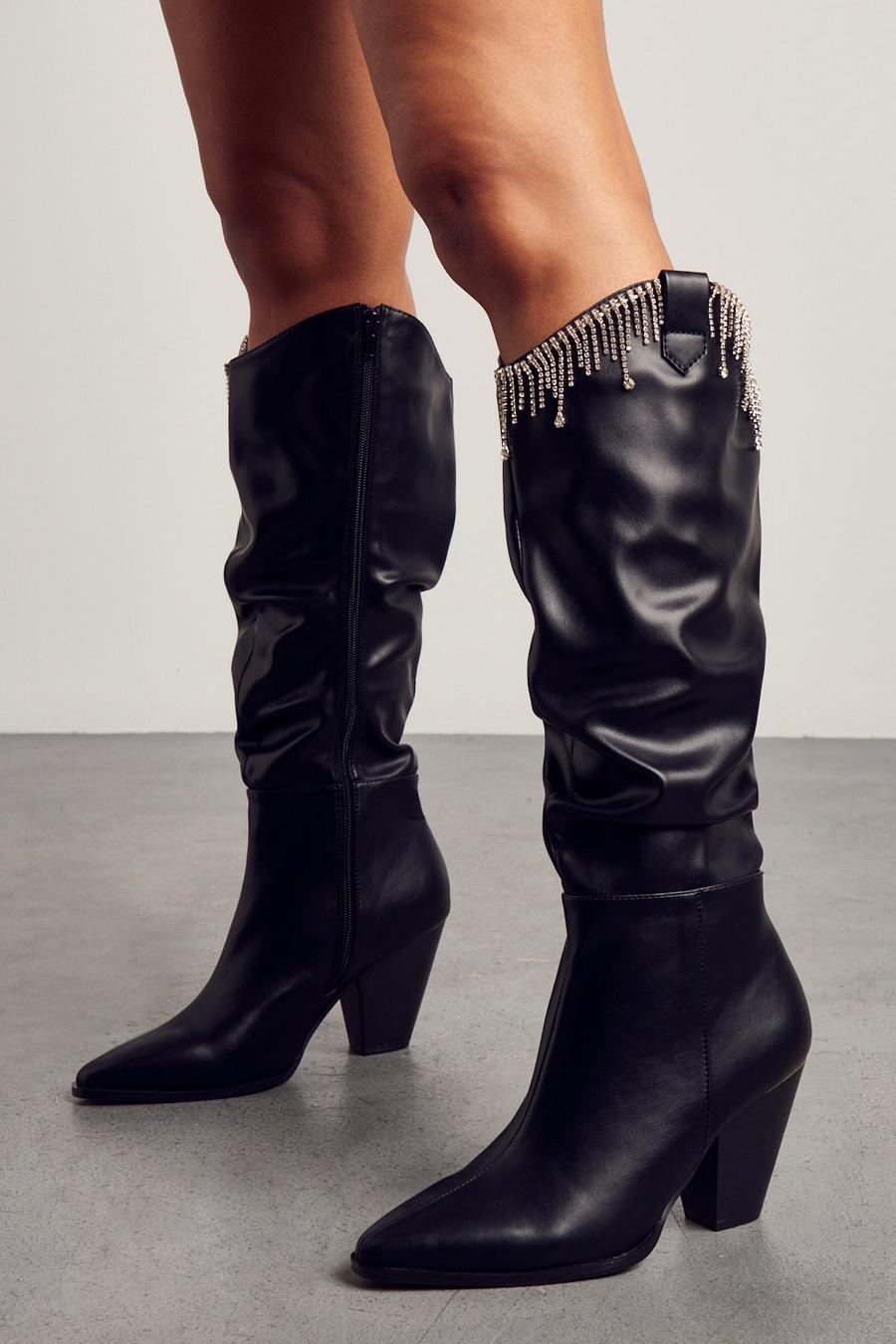 Black Diamante Trim Detail Knee High Cowboy Boot