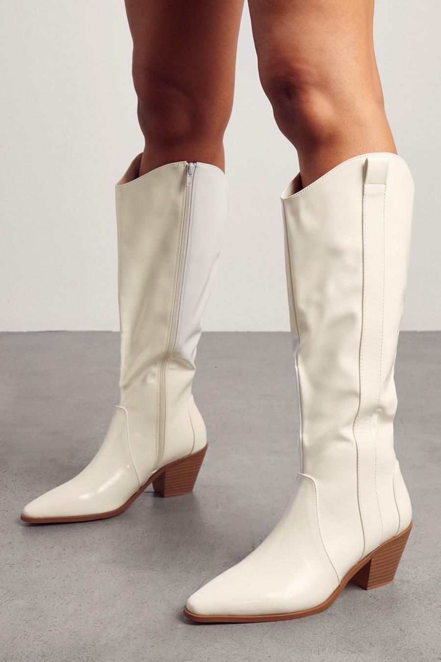 White High Shine Knee High Cowboy Boots image number 1