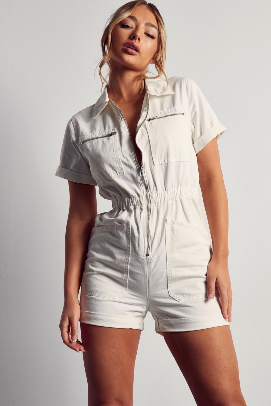 White Denim Playsuit With Zip Front 