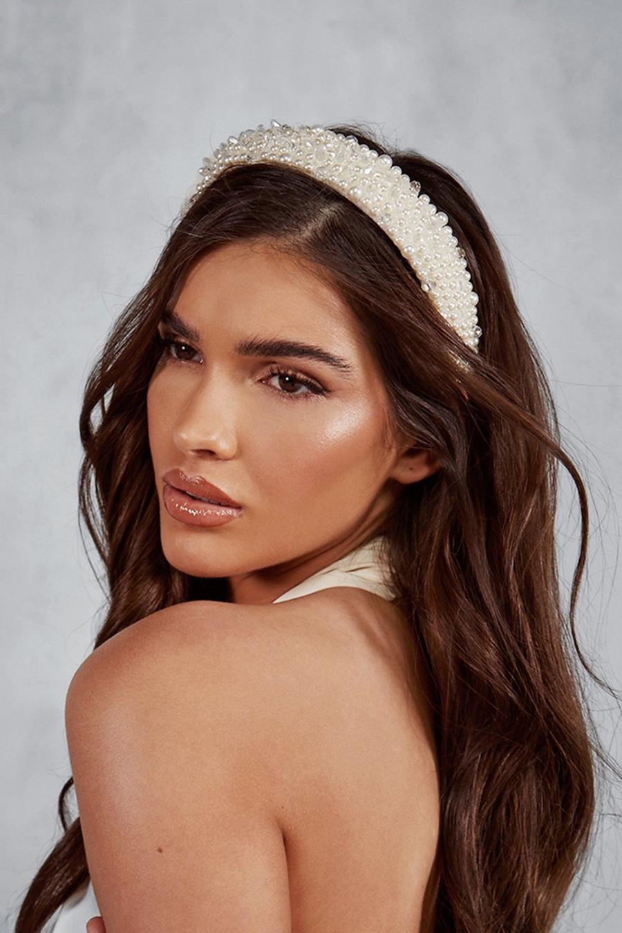 White Crystal And Pearl Embellished Headband image number 1