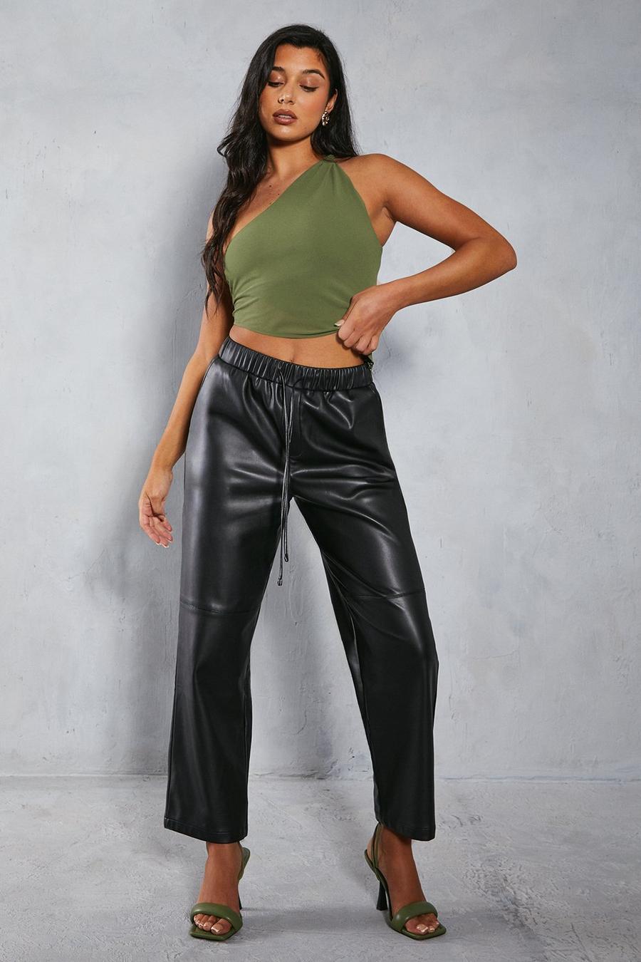 Black Leather Look Straight Leg Jogger Trousers image number 1