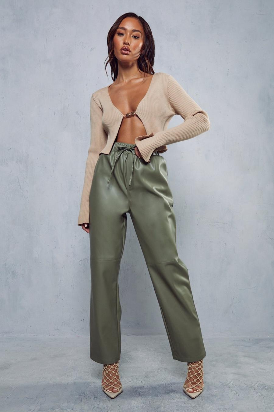 Olive Leather Look Straight Leg Jogger Trousers image number 1