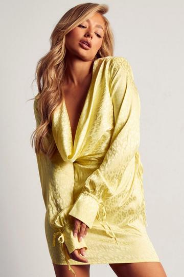 Lime Green Satin Jacquard Cowl Neck Mini Dress