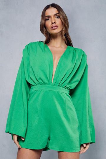 Linen Look Plunge Tie Back Playsuit green