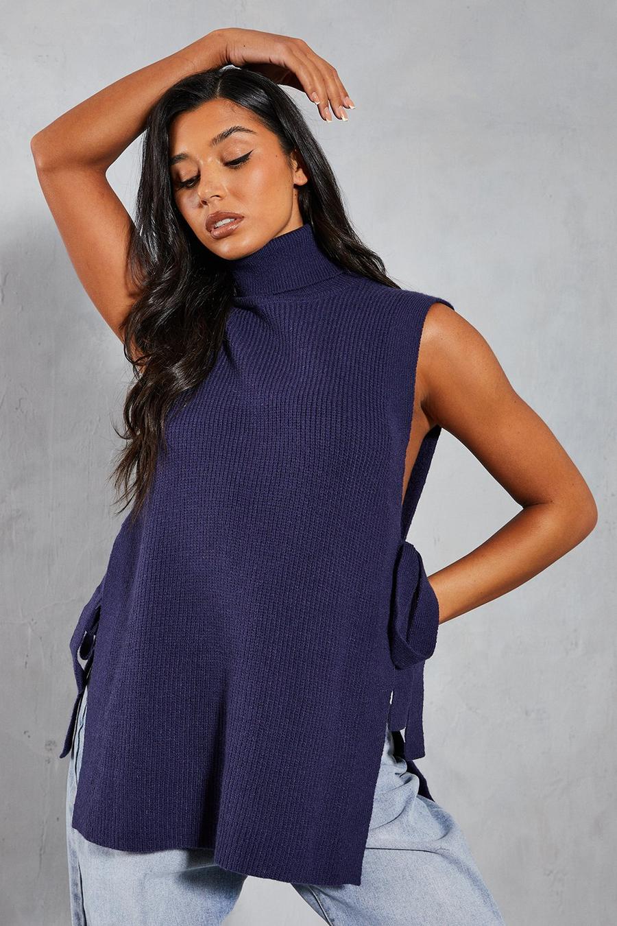 Navy Open Side Sleeveless Knitted Jumper image number 1