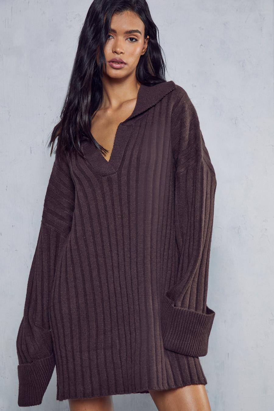 Chocolate Rib Knit V Neck Collared Dress image number 1
