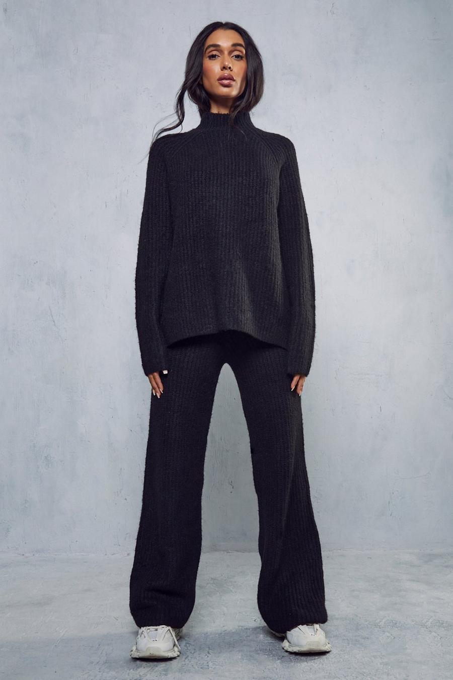 Black High Neck Rib Knit Trouser Co-ord image number 1