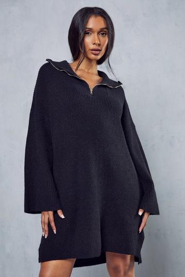 Black Rib Knit Zip Up Jumper Dress