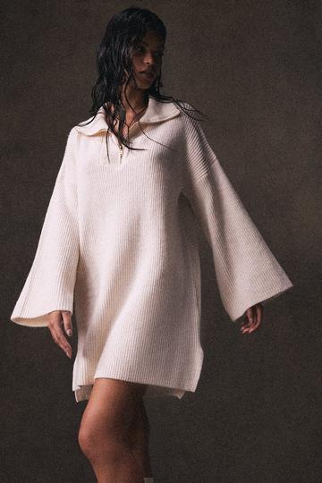 Rib Knit Zip Up Mini Jumper Dress cream