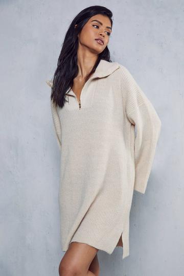 Rib Knit Zip Up Mini Jumper Dress stone