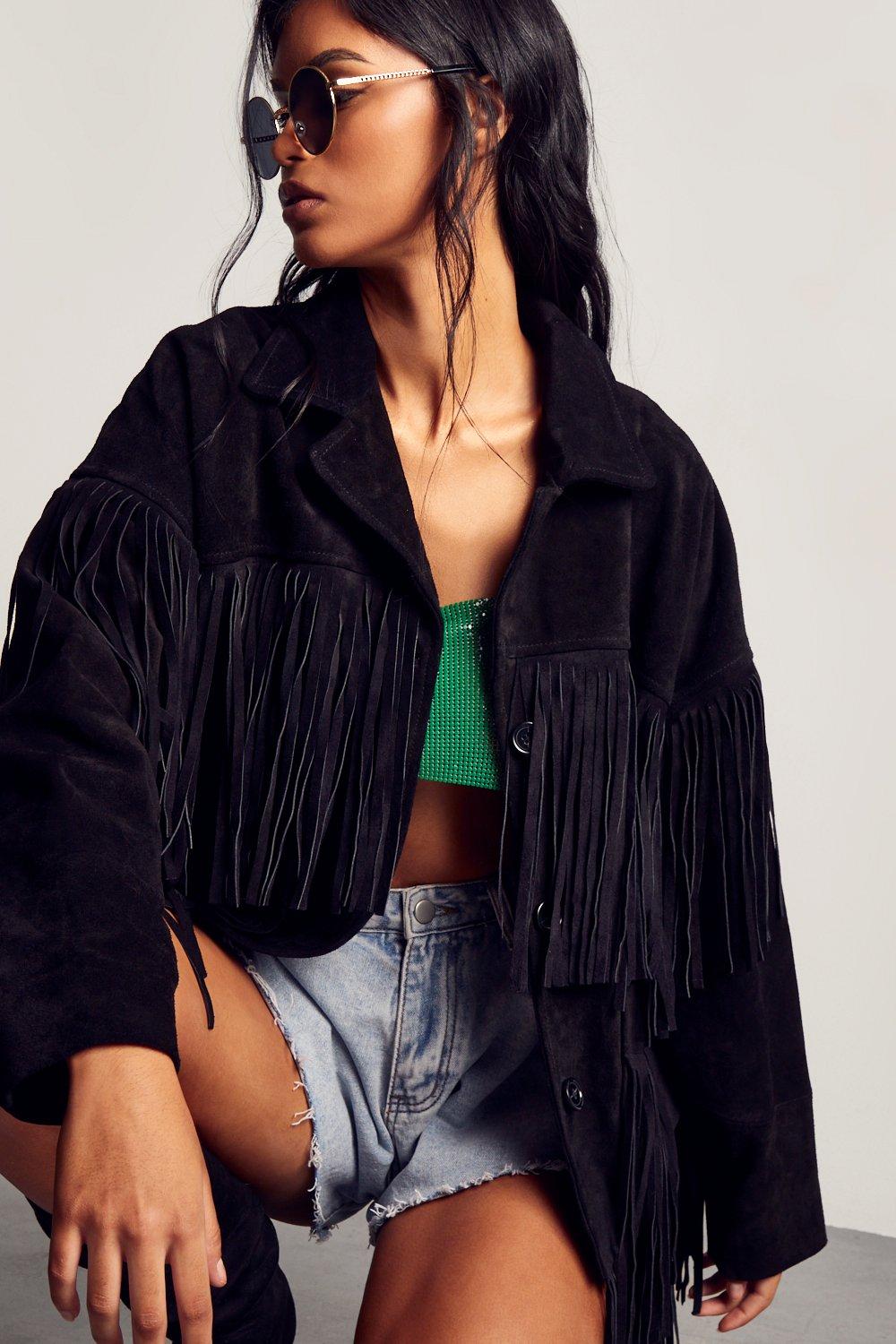 Black suede fringe jacket sale