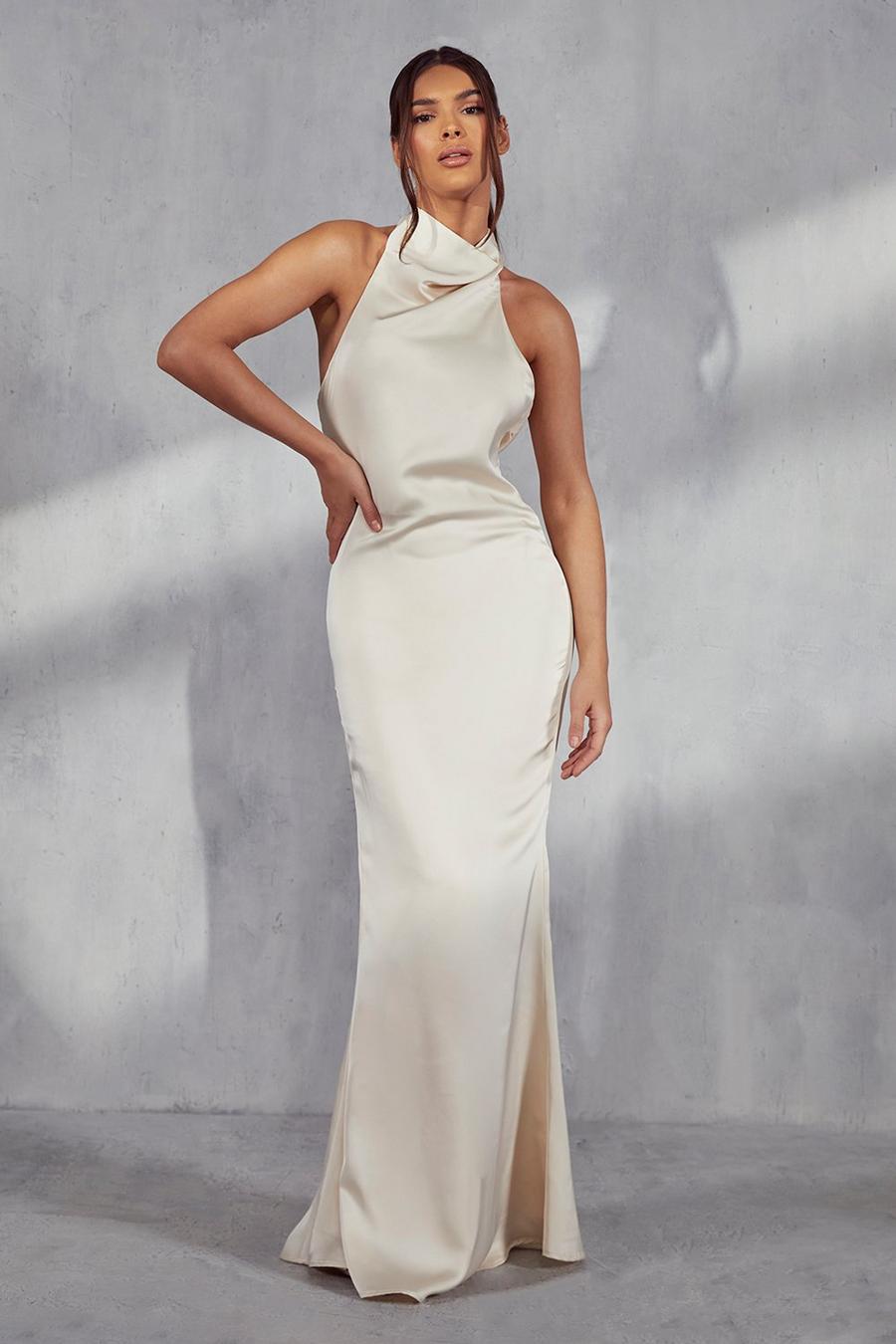 Champagne Meredith Premium High Neck Satin Gown image number 1