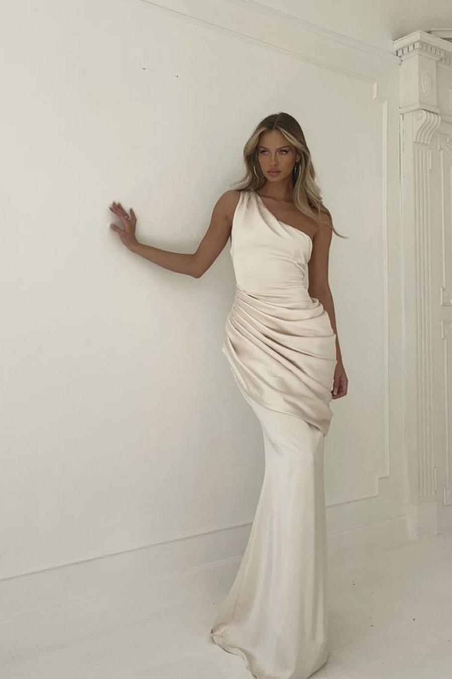 Champagne beige Montana Premium Satin Ruched Draped Gown